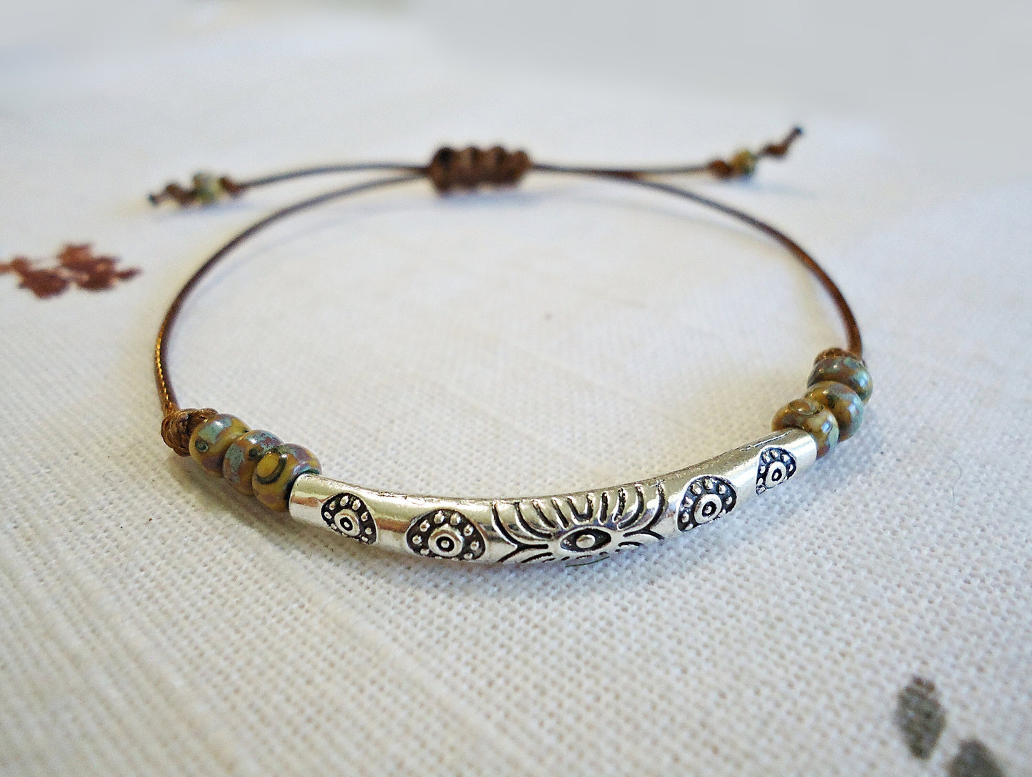 Southwestern Bracelet, Silver, Turquoise, Brown, Adjustable Slide Knot Bracelet