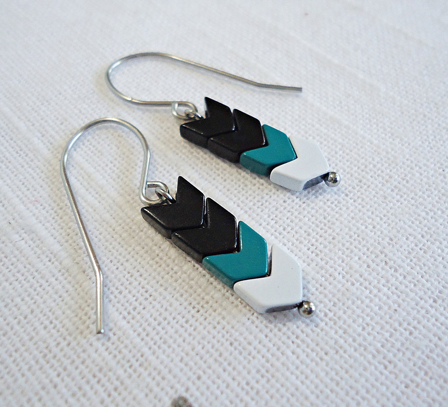 Chevron Arrow Hematite Earrings, Black, Turquoise, White, Stainless Steel Earwire, Hypoallergenic, 3/4" Dangle