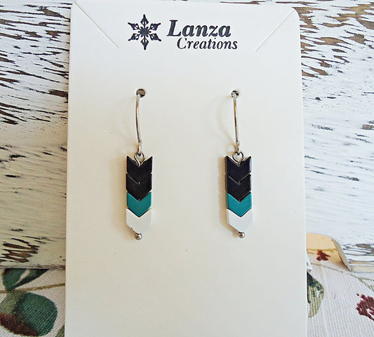 Chevron Arrow Hematite Earrings, Black, Turquoise, White, Stainless Steel Earwire, Hypoallergenic, 3/4" Dangle