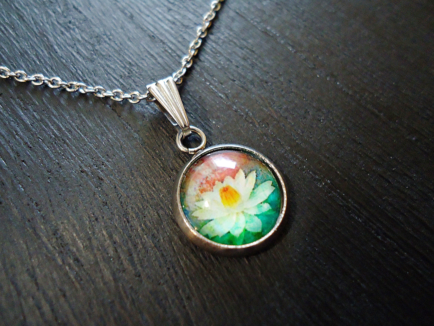 Pendant Necklace, Lotus Painting under glass, Stainless Steel Chain