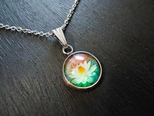 Pendant Necklace, Lotus Painting under glass, Stainless Steel Chain