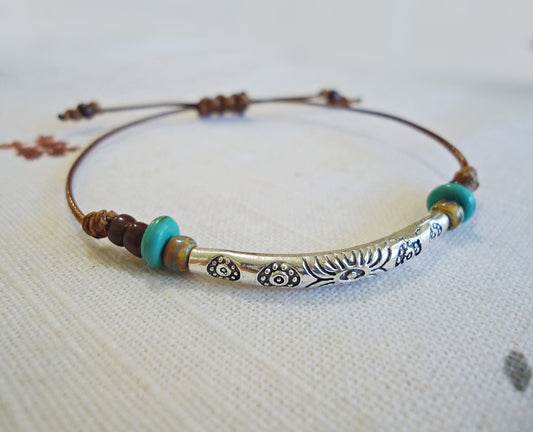 Southwestern Bracelet, Silver, Turquoise, Brown, Adjustable Slide Knot Bracelet