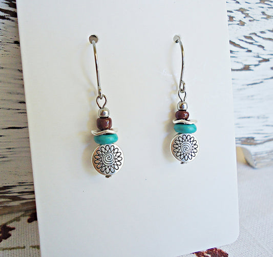 Mini Earrings, Silver, Turquoise, Dark Brown, 3/4" Dangle, Stainless Steel Earwire, Hypoallergenic