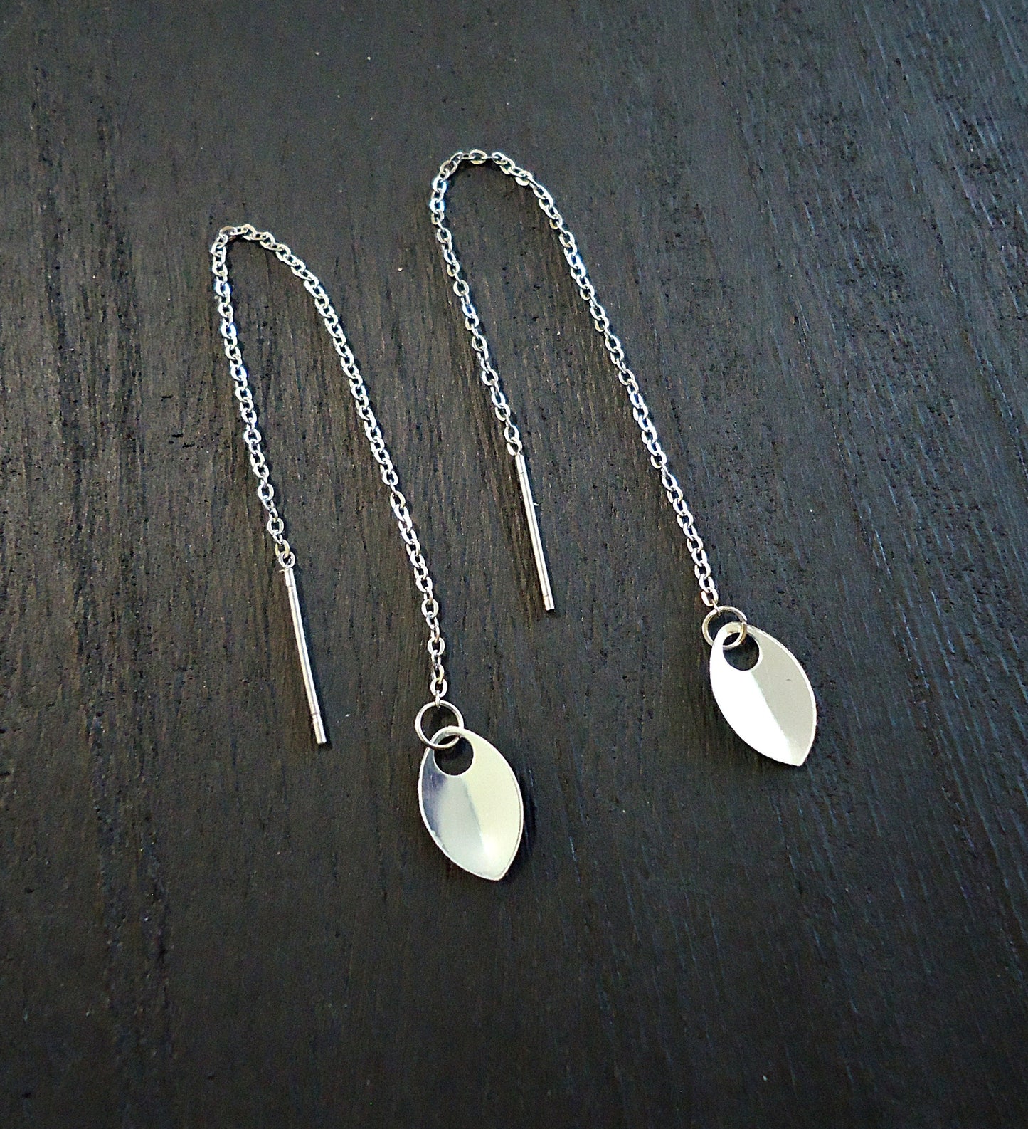 Stainless Steel Threader Earrings - Mini Leaves, Mirror Polish Silver Leaves, Simple Minimalist