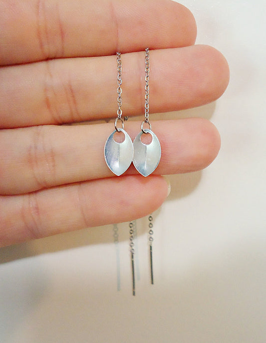Stainless Steel Threader Earrings - Mini Leaves, Mirror Polish Silver Leaves, Simple Minimalist