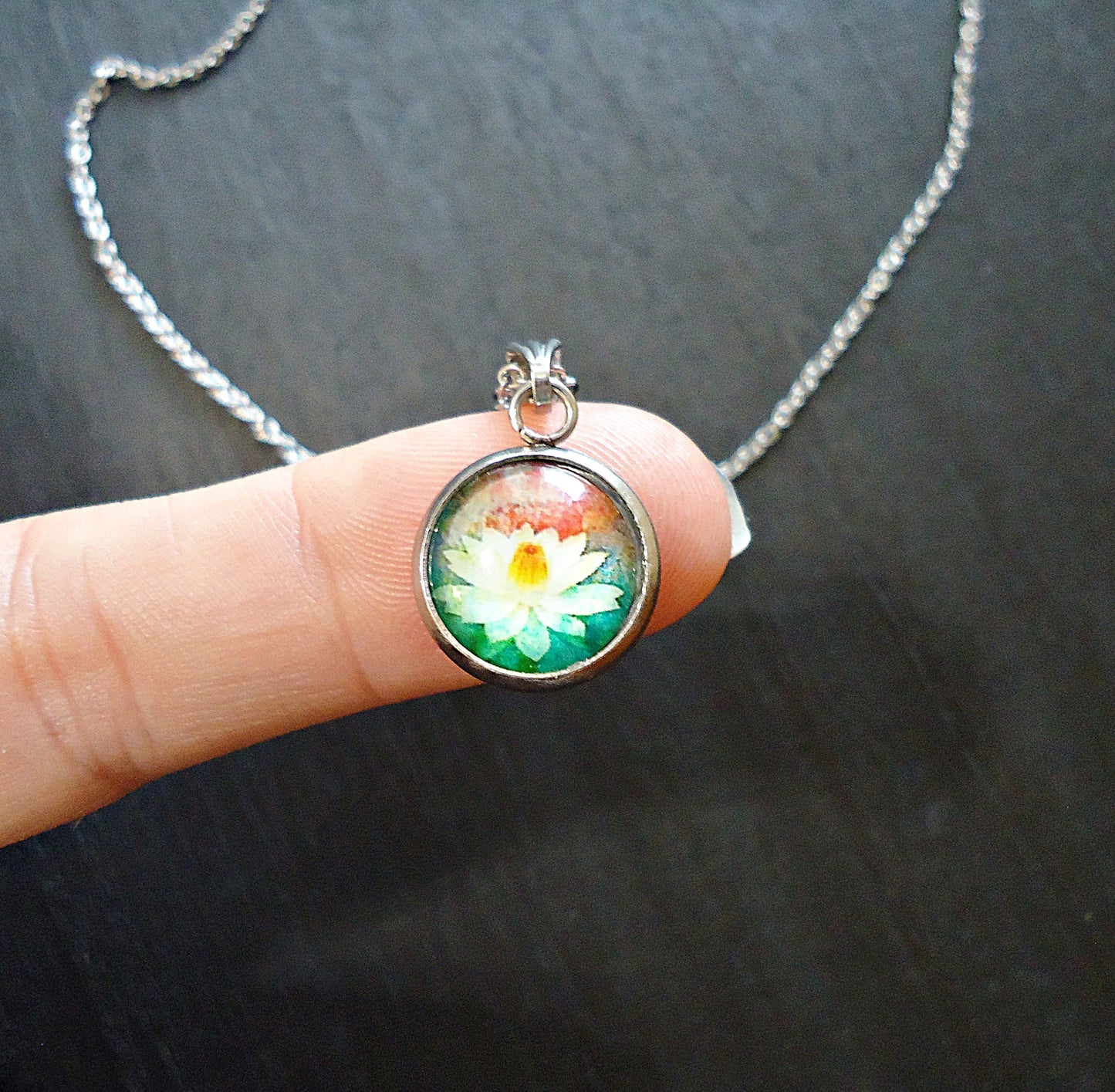 Pendant Necklace, Lotus Painting under glass, Stainless Steel Chain