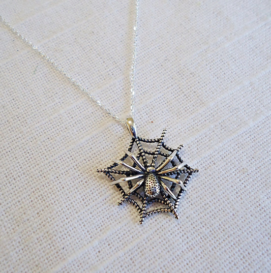Highly Detailed 3D Spider on Spider web Necklace, Sterling Silver, Halloween