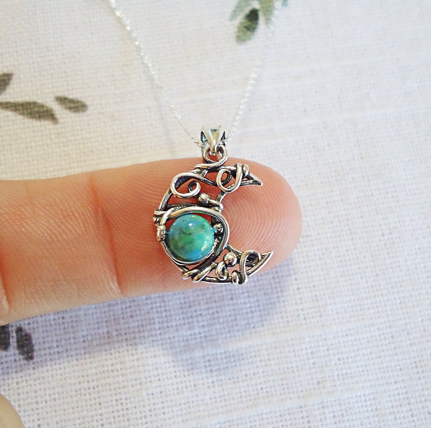 Small Turquoise Moon Sterling Silver Necklace, Dainty, Stone, Green, Boho Wire Wrapped Style