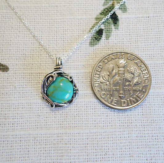 Small Turquoise Stone Necklace, Oxidized Sterling Silver, Wire Wrapped Style, Vine and Leaves