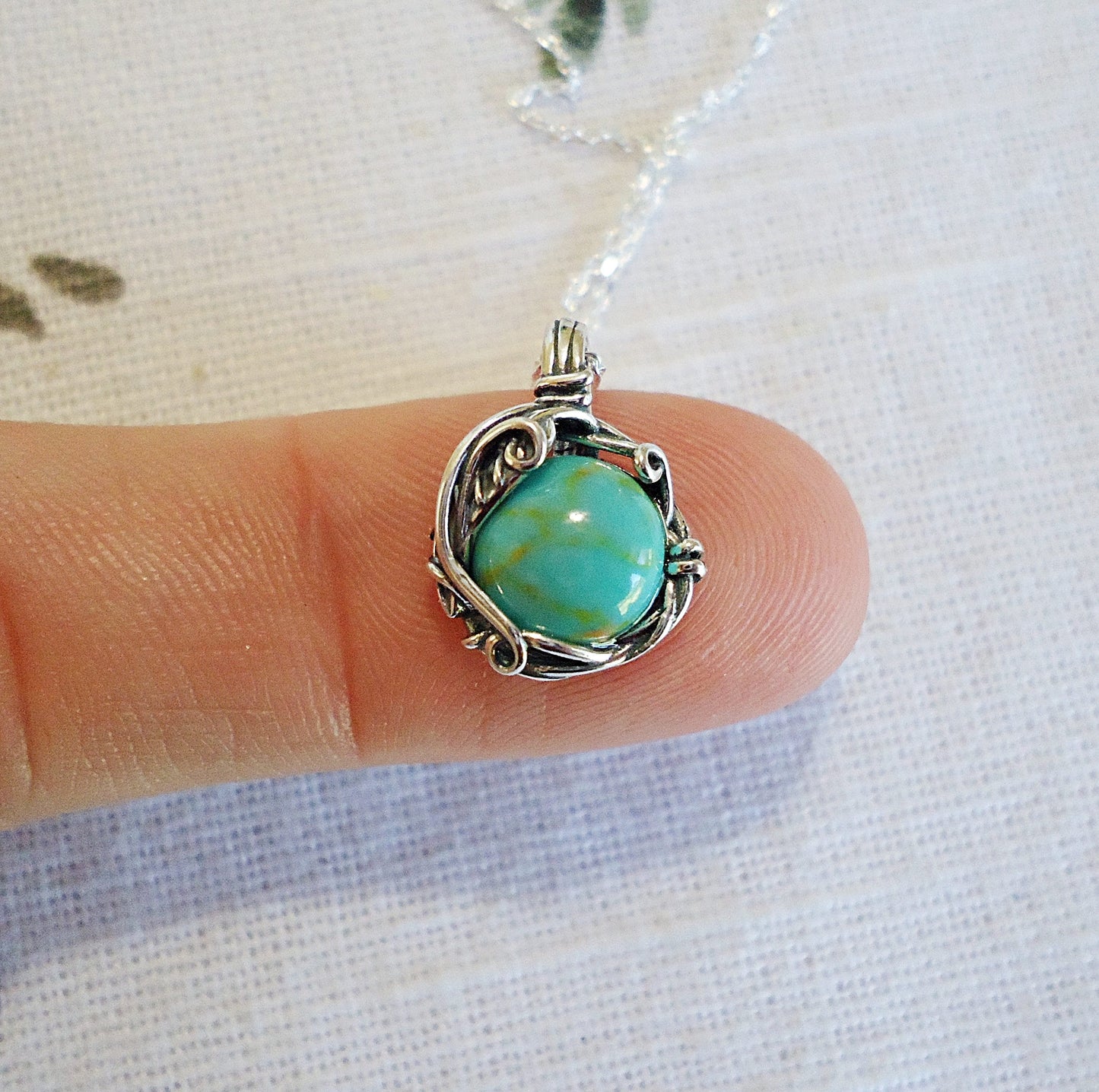Small Turquoise Stone Necklace, Oxidized Sterling Silver, Wire Wrapped Style, Vine and Leaves