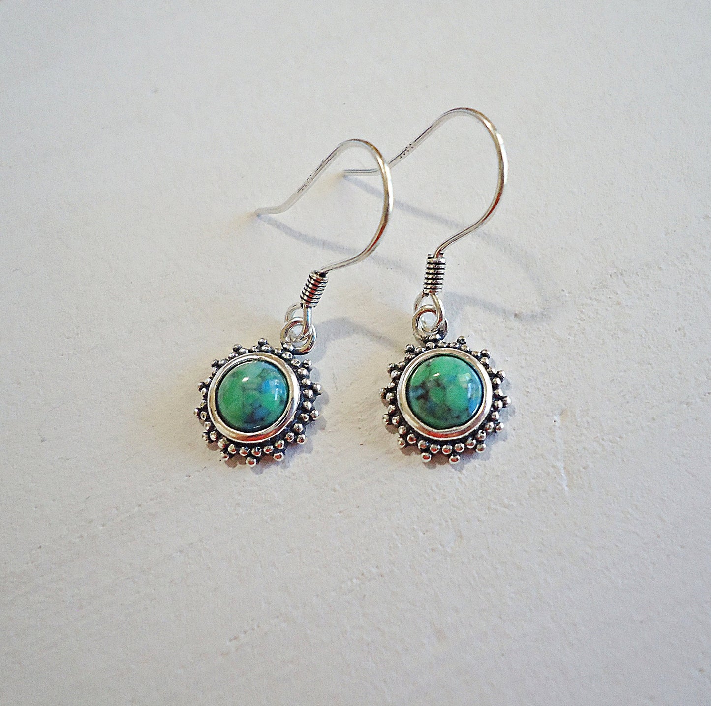 Sterling Silver Turquoise Earrings, Bali Style Flower, Small, Minimalist