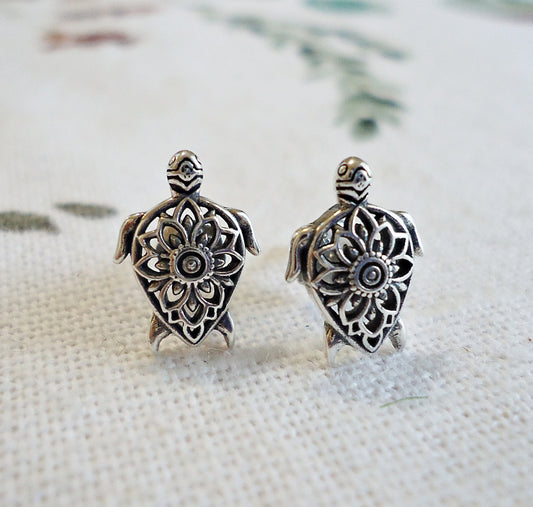 Sea Turtle Stud Earrings, Bali Style, Sterling Silver, Flower, Boho, Minimalist