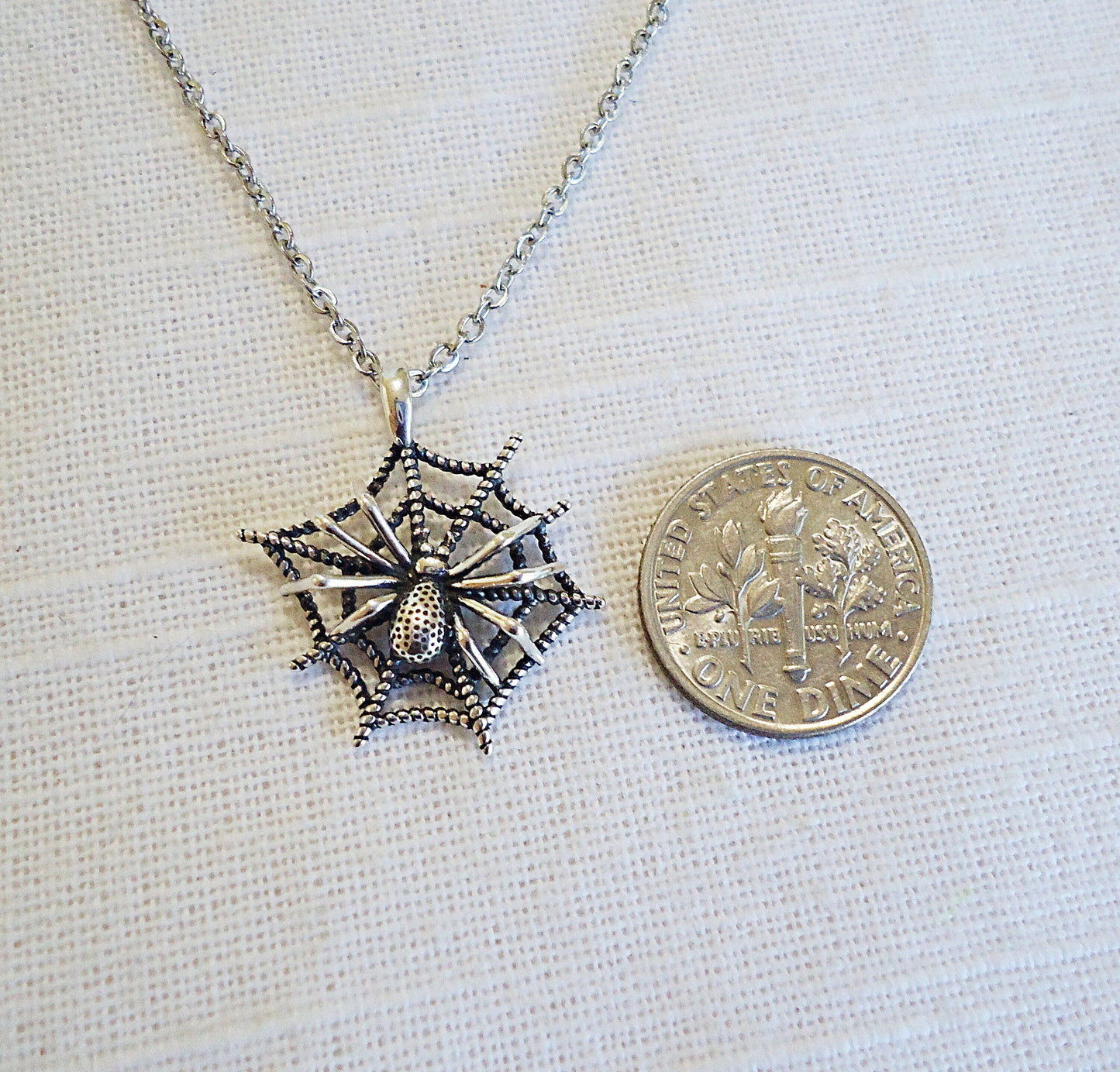 Highly Detailed 3D Spider on Spider web Necklace, Sterling Silver, Halloween
