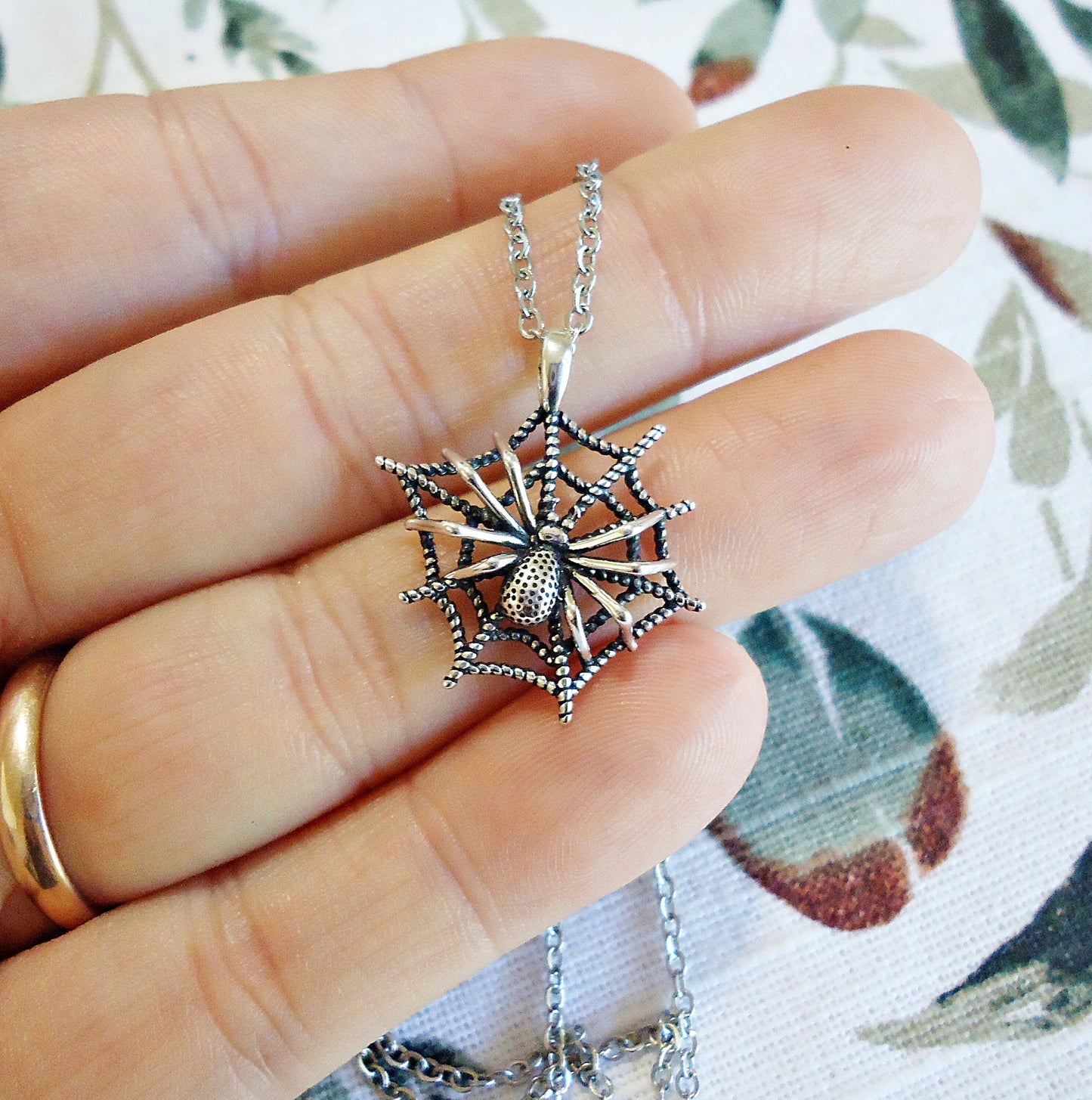 Highly Detailed 3D Spider on Spider web Necklace, Sterling Silver, Halloween