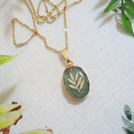 Green Strawberry Quartz Stone Necklace, 18" Stainless Steel Chain, Gold Leaves