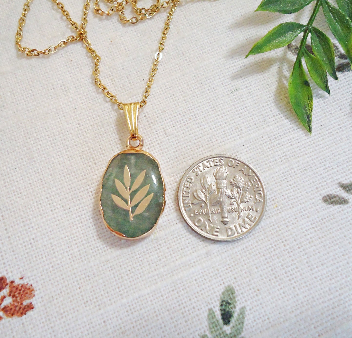 Green Strawberry Quartz Stone Necklace, 18" Stainless Steel Chain, Gold Leaves