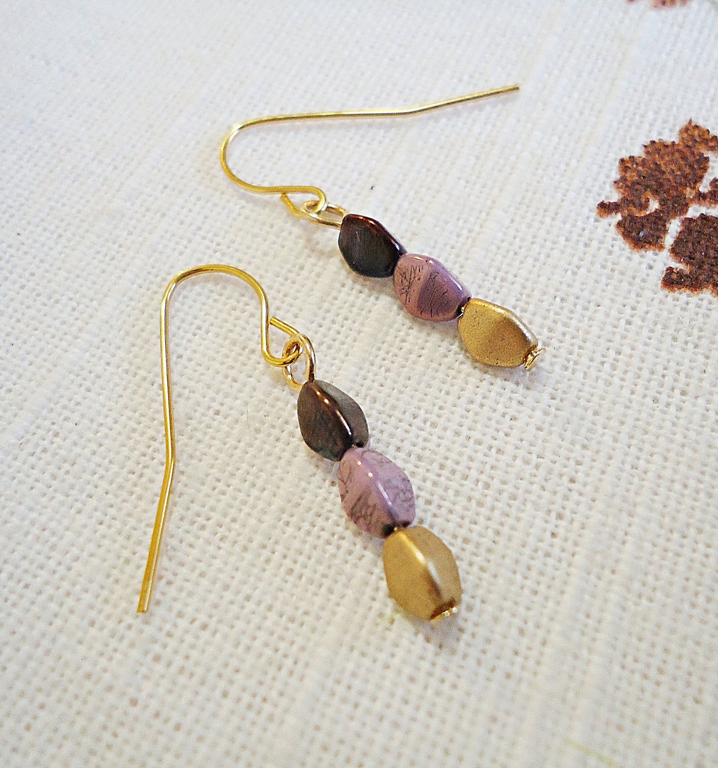 Gold Earrings, Rich Colors, Deep Copper, Gold, and Lilac, Threaders, Minimalist, Brass and Stainless Steel, Graduated Ombre Colors