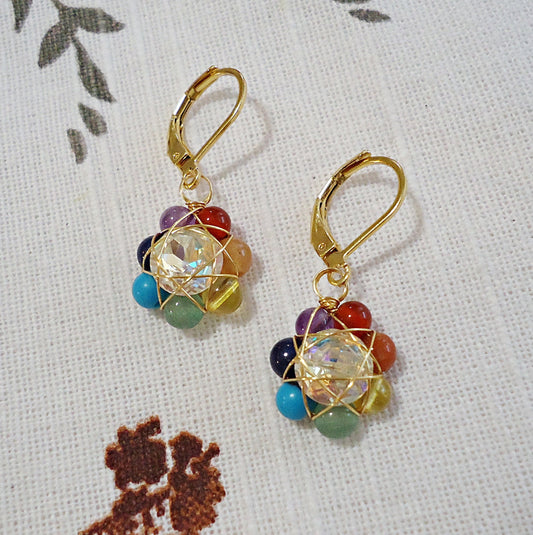 Mixed Gemstone Wire Wrapped Flower Earrings, Stainless Steel Gold Plated Leverbacks, Rainbow, Chakra, Small, 1/2 inch dangle