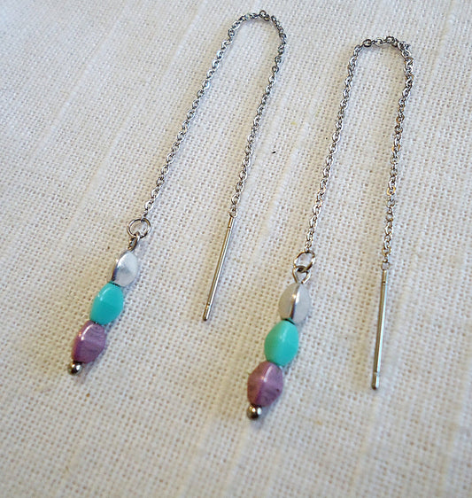 Minimalist Earrings, Silver, Turquoise, Lilac, Stainless Steel Threaders or French Earwire