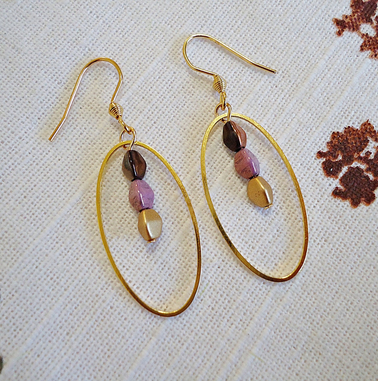 Gold Earrings, Rich Colors, Deep Copper, Gold, and Lilac, Threaders, Minimalist, Brass and Stainless Steel, Graduated Ombre Colors