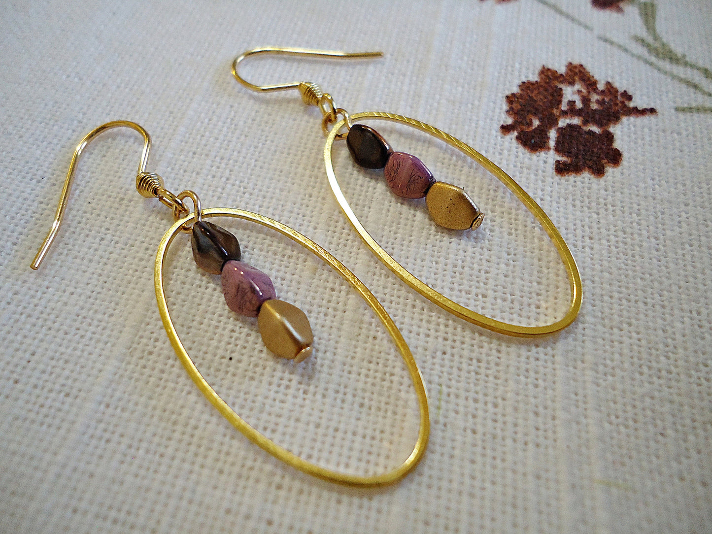 Gold Earrings, Rich Colors, Deep Copper, Gold, and Lilac, Threaders, Minimalist, Brass and Stainless Steel, Graduated Ombre Colors