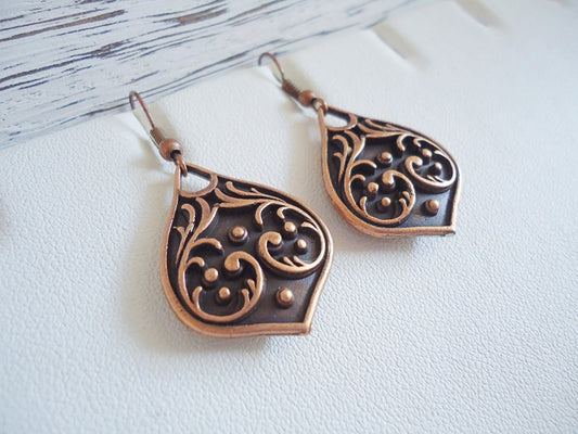 Copper Teardrop Earrings, 1" Long, Antique Copper Puffed Teardrops, Vines, Boho