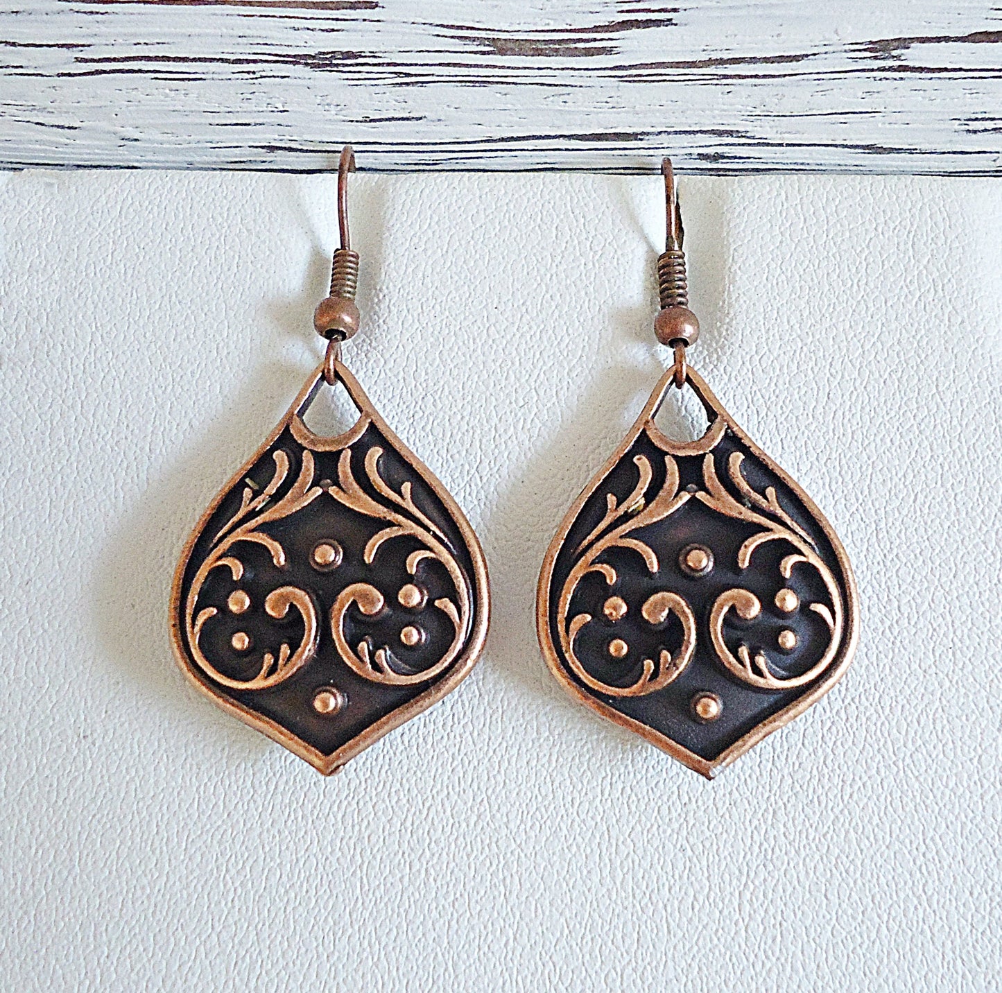 Copper Teardrop Earrings, 1" Long, Antique Copper Puffed Teardrops, Vines, Boho