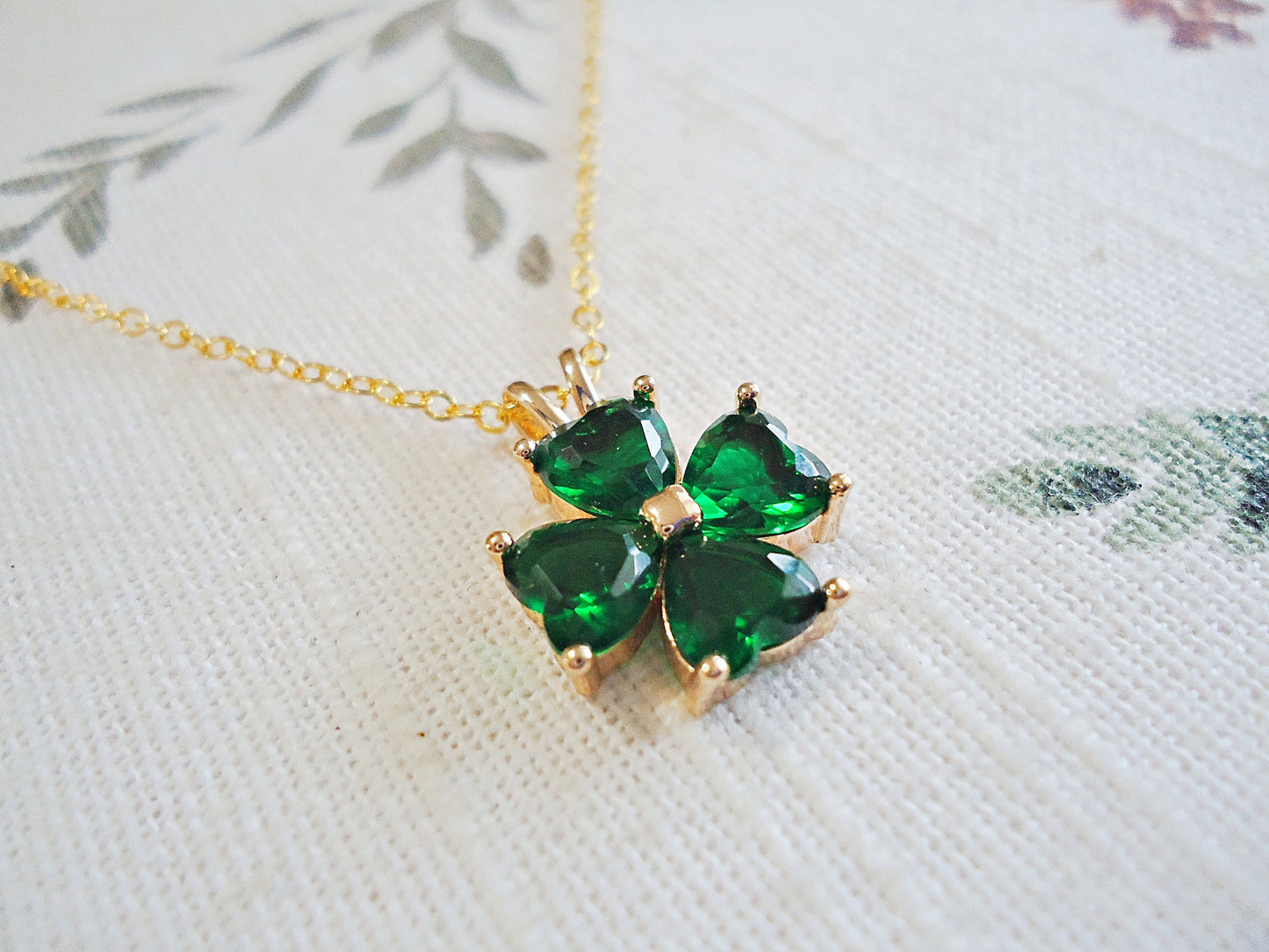 Simple Emerald Green Glass Four Leaf Clover Necklace, Gold Brass Chain, Clover, Shamrock, Good Luck, St Patricks Day
