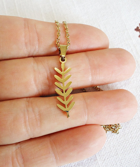 Dainty Gold Long Leaf Necklace, Vine, Minimalist, Stainless Steel