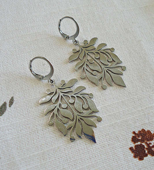 Silver Stainless Steel Laser cut Earrings, Large Leaf Design, Huggie Hoop Leverbacks