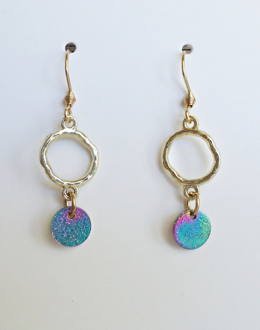 Simple Gold and Rainbow Dangle Earrings, 7/8" Long