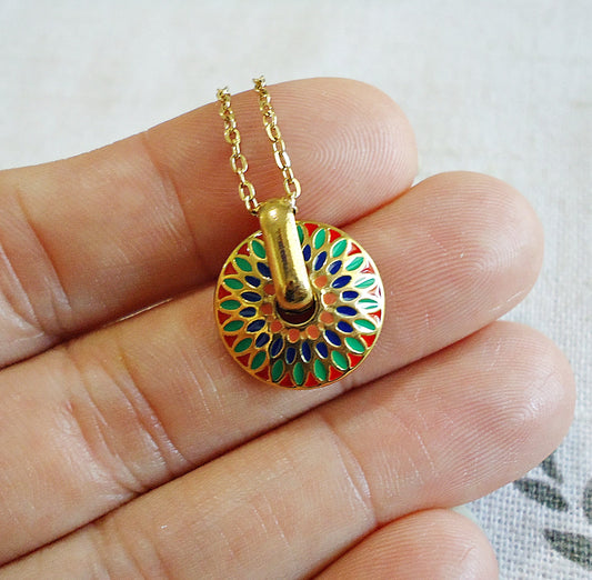 Small Gold Enameled Circle Necklace, Mandala Flower, Stainless Steel, 16"-18"