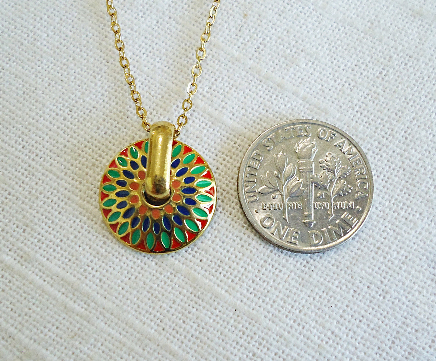 Small Gold Enameled Circle Necklace, Mandala Flower, Stainless Steel, 16"-18"