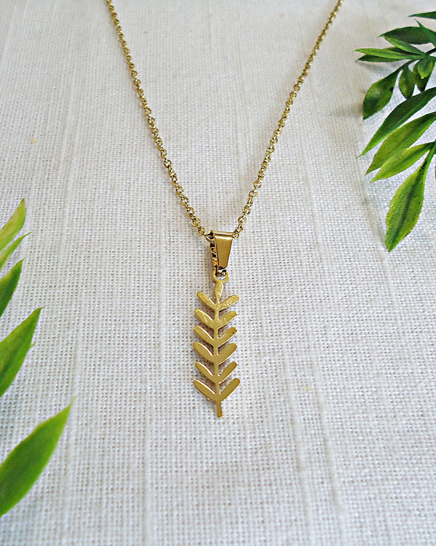 Dainty Gold Long Leaf Necklace, Vine, Minimalist, Stainless Steel