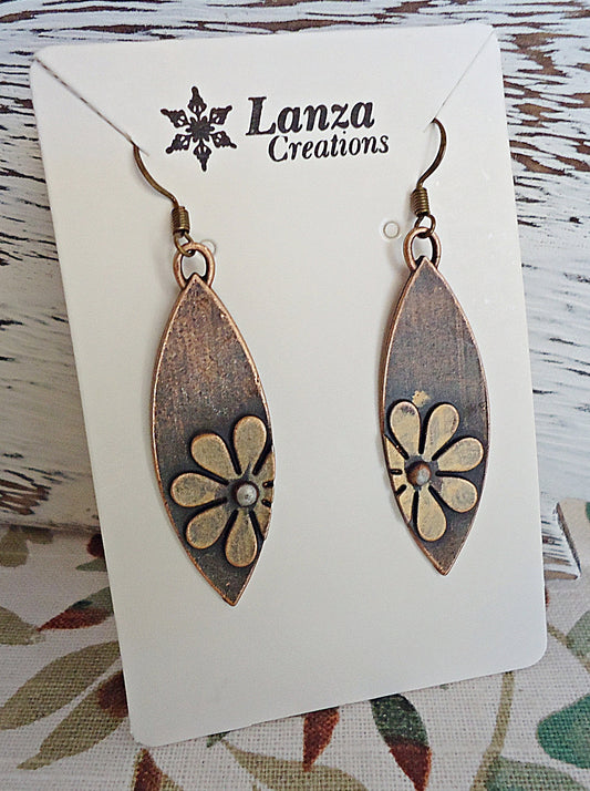 Mixed Metal Earrings, Bronze Flowers on Copper Marquise, 1.75" Dangle, Copper Earwire