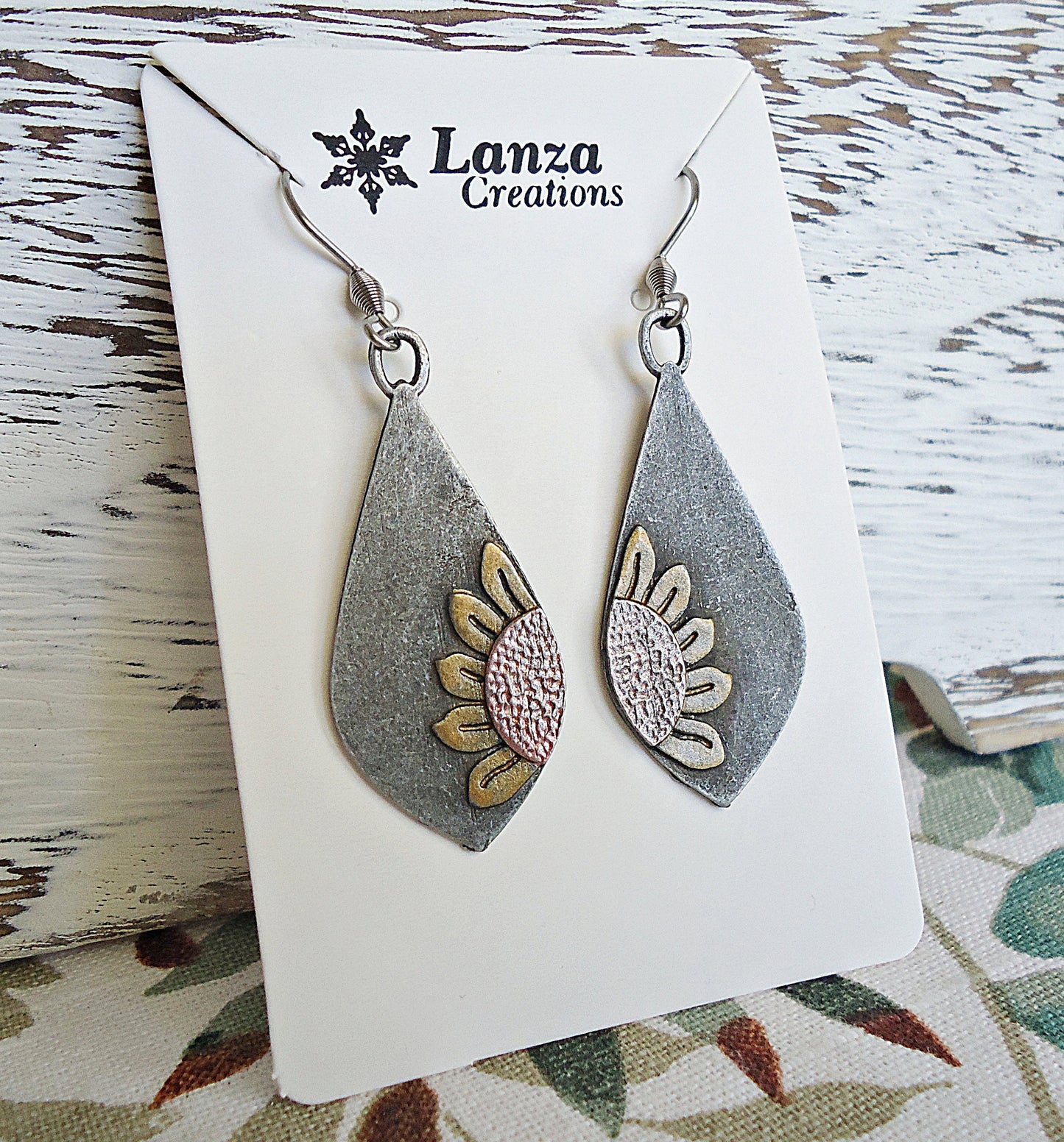 Mixed Metal Earrings, Bronze and Copper Sunflowers on Dark Silver Teardrops, 1.5" Dangle, Stainless Steel Earwire
