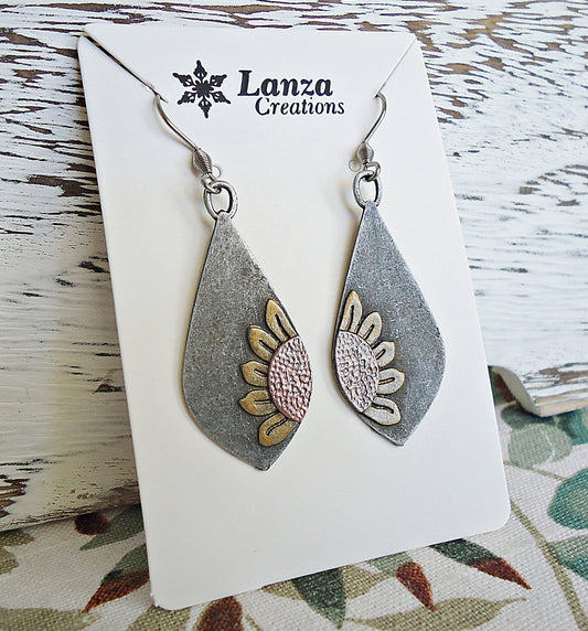 Mixed Metal Earrings, Bronze and Copper Sunflowers on Dark Silver Teardrops, 1.5" Dangle, Stainless Steel Earwire