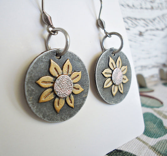 Mixed Metal Earrings, Bronze and Copper Flowers on Dark Silver, 7/8" Wide Circles, 1 1/8" Dangle, Sunflowers, Stainless Steel Earwire