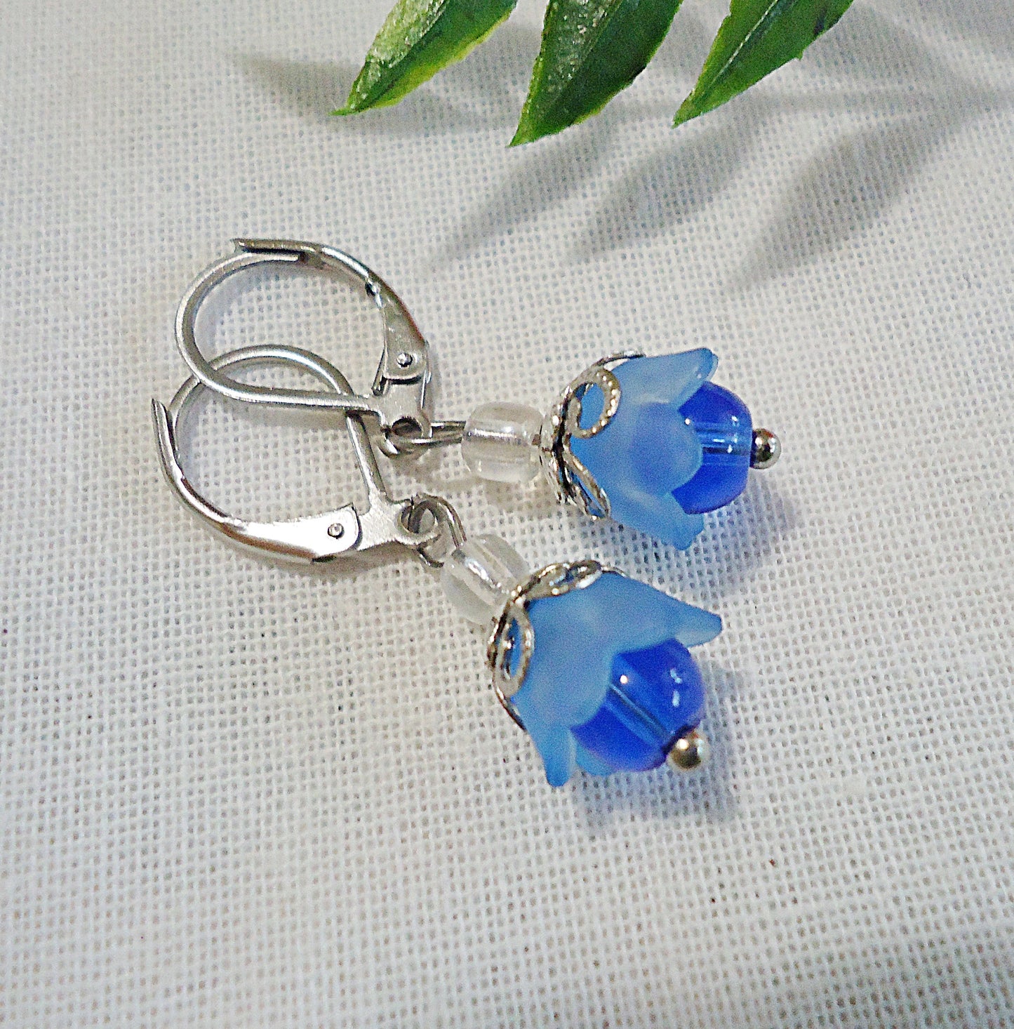 Lily of the Valley Flower Earrings, Blue, Glass, Stainless Steel Hypoallergenic Leverback Earwire