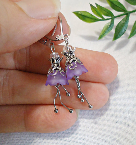 Purple Flower Earrings, Tulip Flowers, Silver, Hypoallergenic Stainless Steel Leverbacks