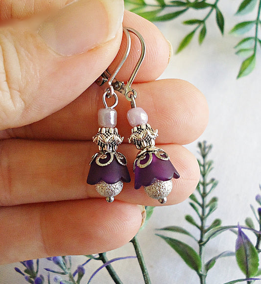 Dark Purple Flower Earrings, Tulip Earrings, Glass, Stainless Steel Leverback Earwire