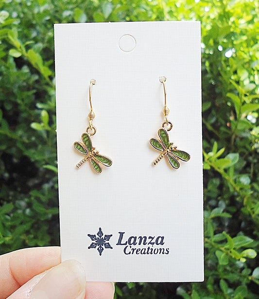 Small Dragonfly Earrings, Gold and Green, Hypoallergenic Stainless Steel Earwire, Minimalist