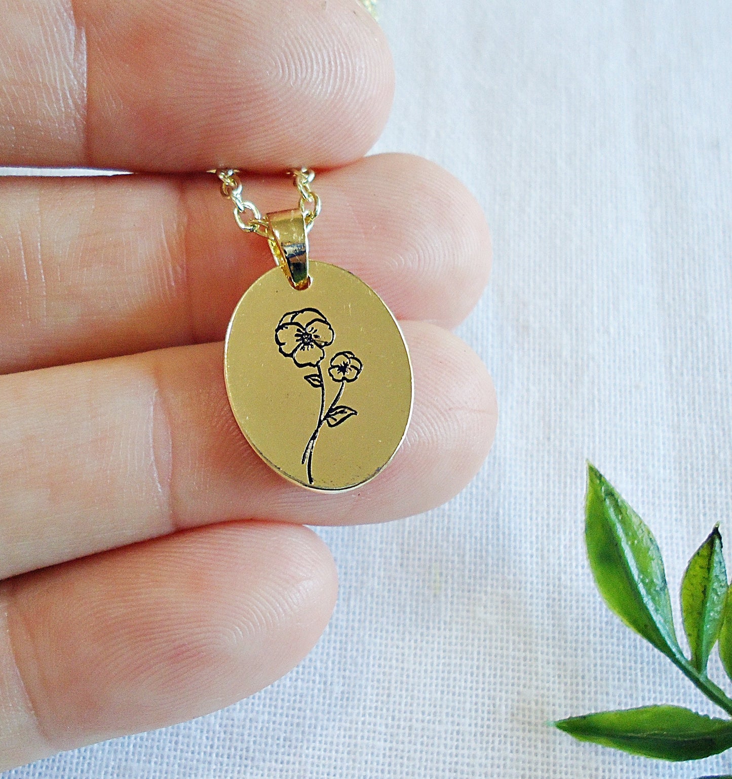 Violet Flower Gold Necklace, Stainless Steel, Gold Finish, Minimalist, February Birth Flower