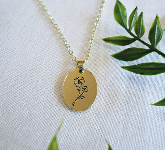 Violet Flower Gold Necklace, Stainless Steel, Gold Finish, Minimalist, February Birth Flower
