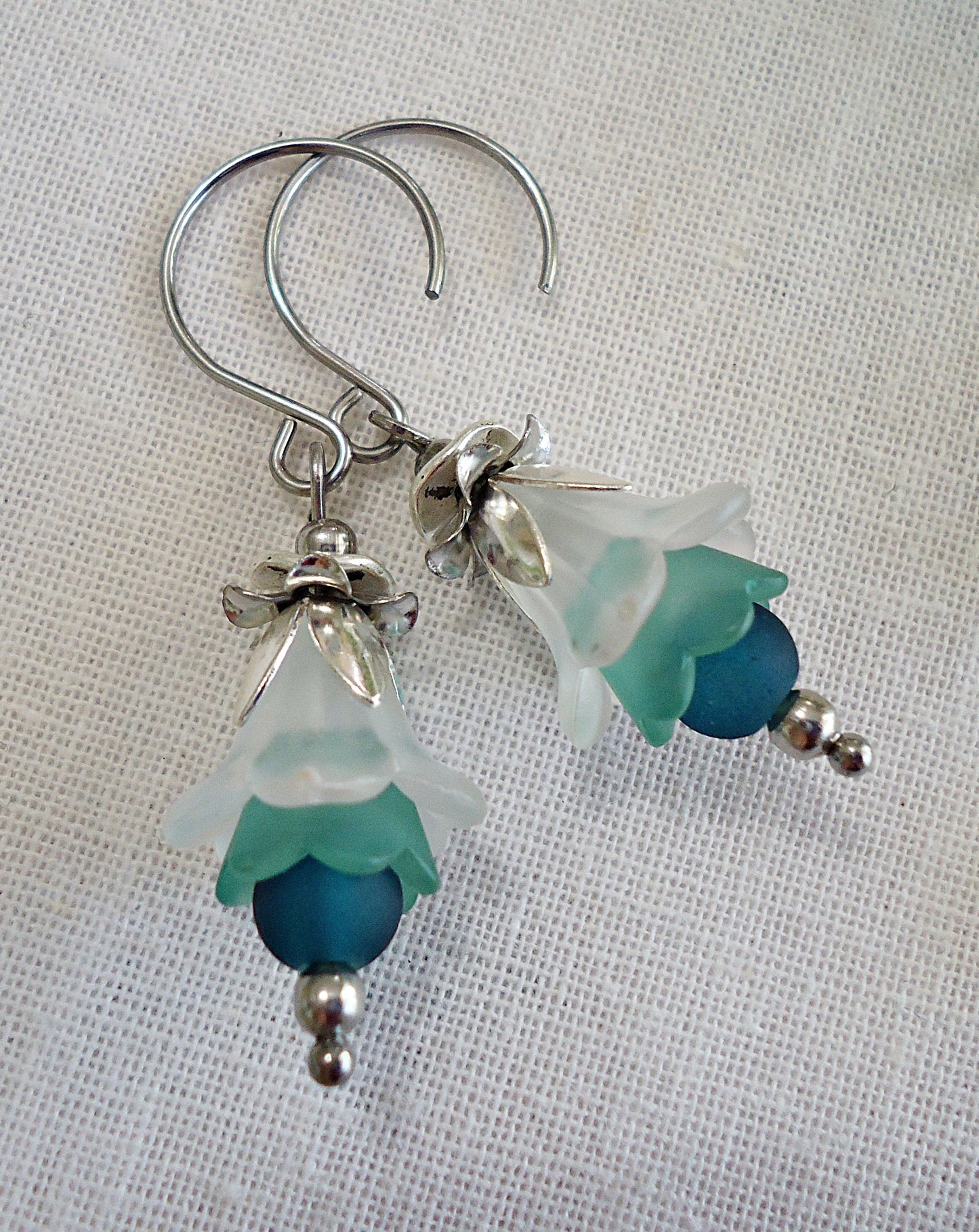 Ombre Flower Earrings, Seafoam Green, Stainless Steel Earwire, Green Blue White Silver Frosted Flowers, 1" Dangle