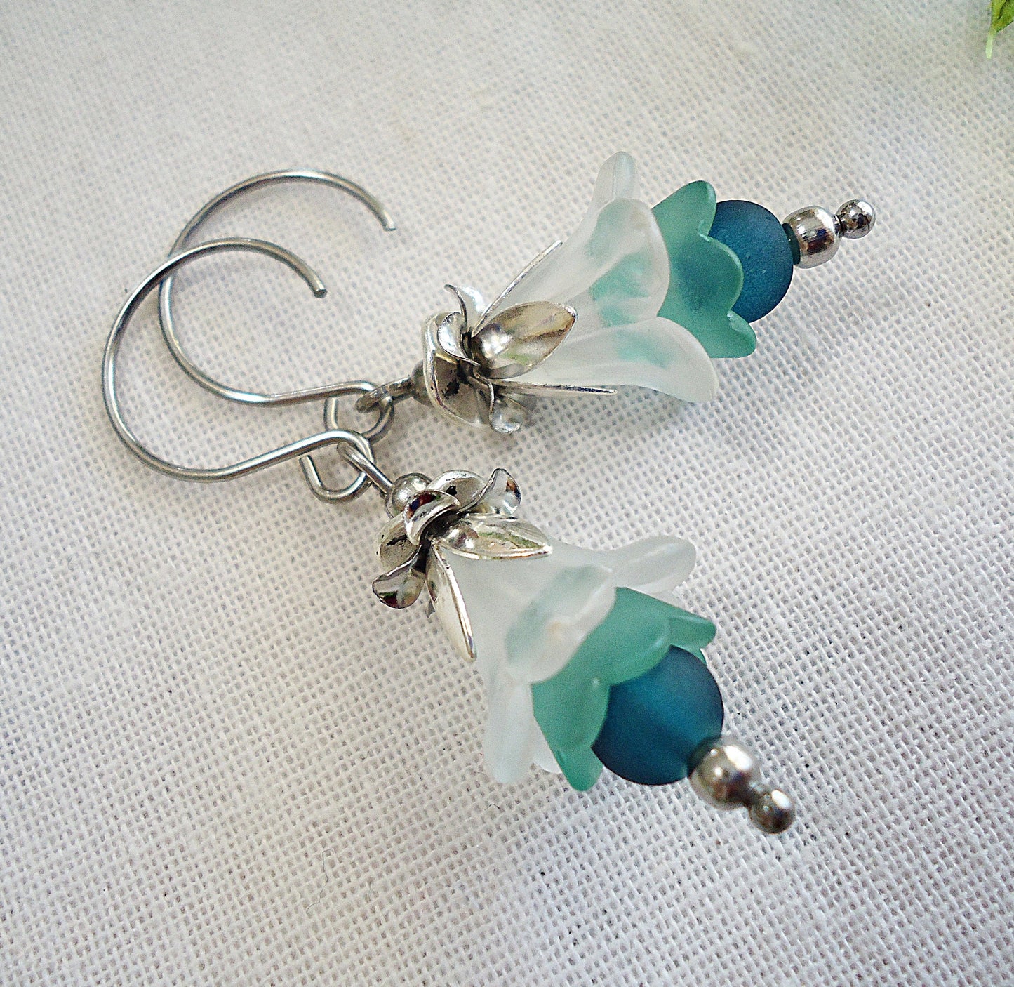 Ombre Flower Earrings, Seafoam Green, Stainless Steel Earwire, Green Blue White Silver Frosted Flowers, 1" Dangle