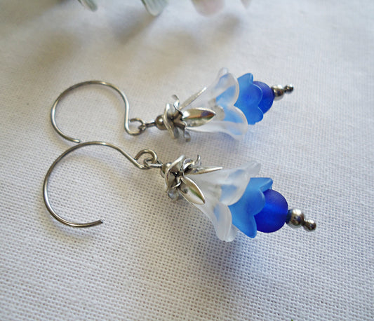 Blue Ombre Flower Earrings, Stainless Steel Earwire, Blue and White Frosted Flowers, 1" Dangle, Blue and Silver