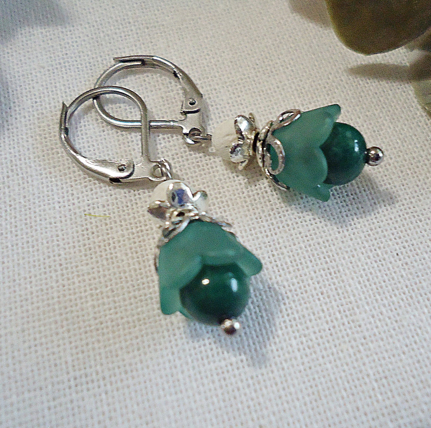 Green Flower Earrings, Lily of the Valley Earrings, Crystal, Lava Rock, Tulip, Stainless Steel Leverback Earwire
