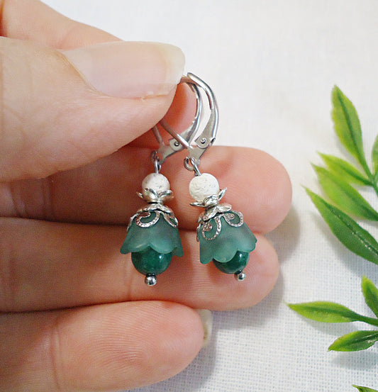 Green Flower Earrings, Lily of the Valley Earrings, Crystal, Lava Rock, Tulip, Stainless Steel Leverback Earwire