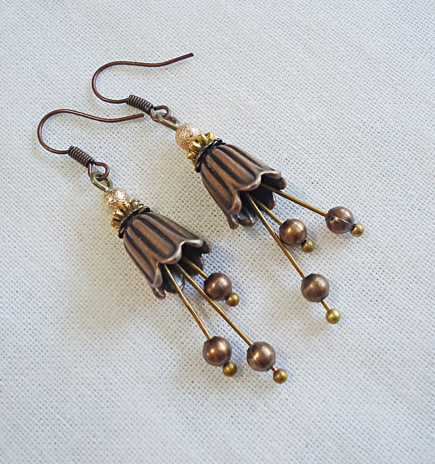 Copper Flower Drop Earrings, 1 3/8" Dangle